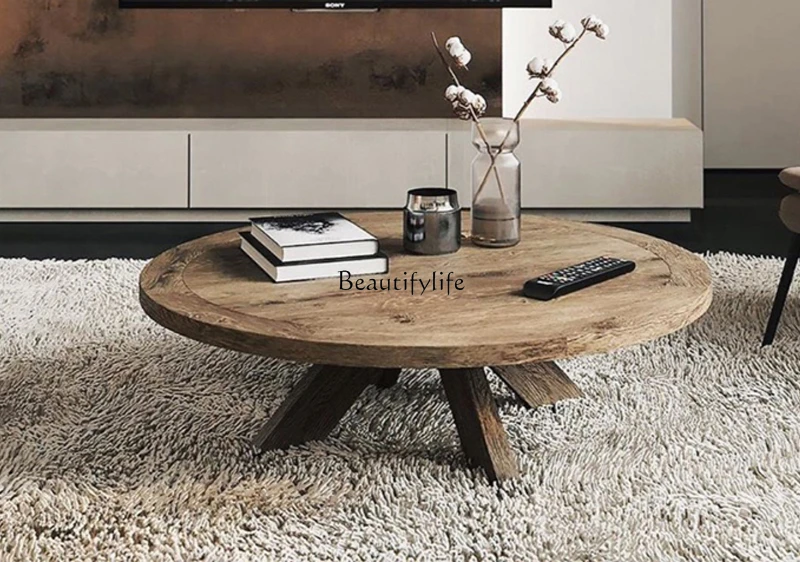 Table Basse Ronde en Bois Massif, Style Nordique Américain, Rétro, Personnalisée, Simple