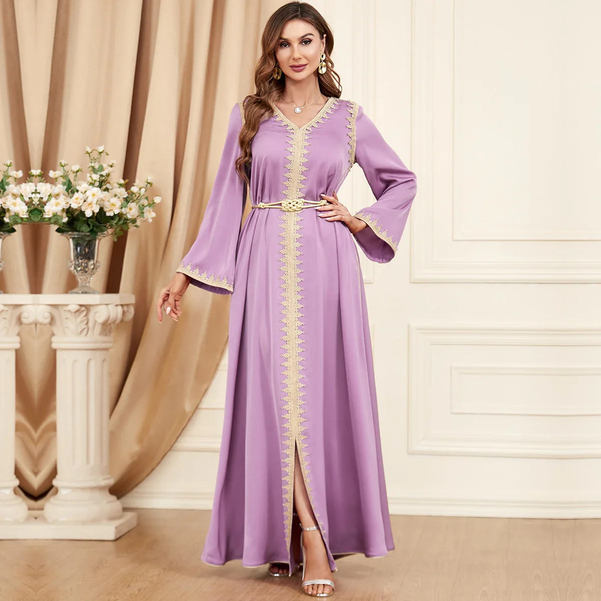 

Eid Ramadan Muslim Abaya Dubai Turkey Kaftan Islamic Gulf Jalabiya Lace Tape Trim Lounge Femme Musulman Vestidos Caftan Dresses