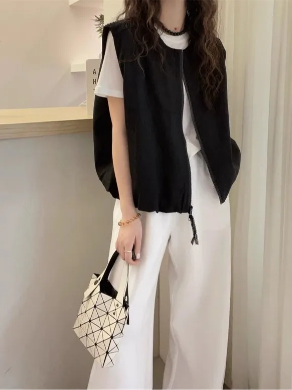 

Summer New Sle Thin Svel Vest Workwear Jaet Women's plus Size Outerwear Meat Covering No Button round Ne ort Le...