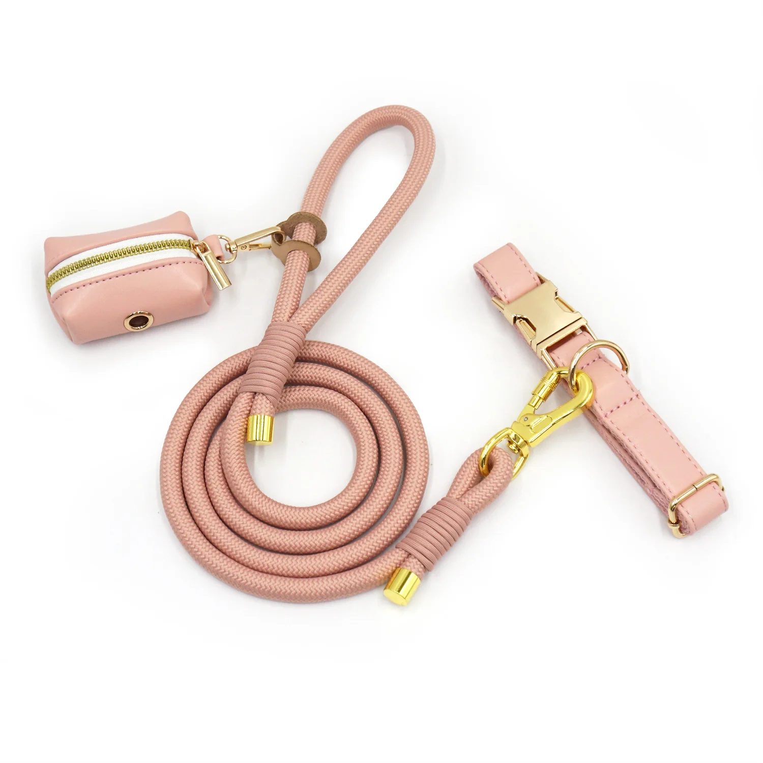 Pink Dog Collar Free Custom Engraving Pet Collar and Leash Set Fully Adjustable Collar Poop Bag Holder & 1.5m Walking Lead Rope