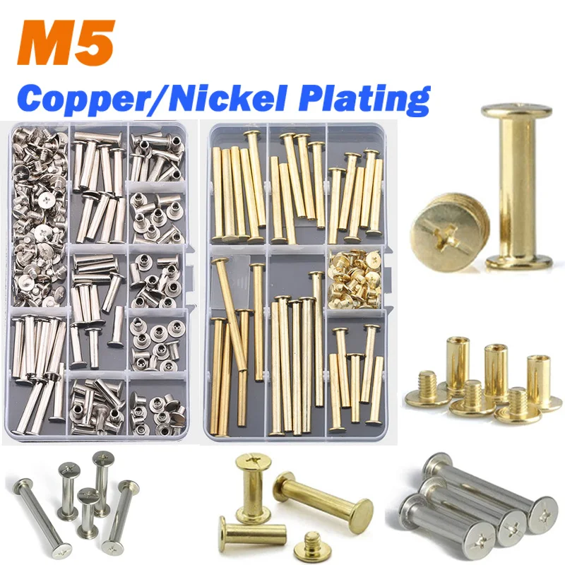 Bookbinding Screw Kit M5 Copper/Nickel plating Leather Working Chicago Screw Belt Wallet Photos DIY Screws Rivet Nuts Set Box