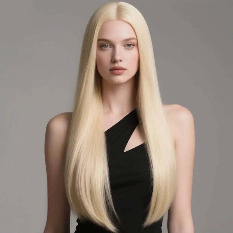 

Fashionable 28 inch gold split length straight synthetic wig, suitable for women's daily use during Christmas and Halloween