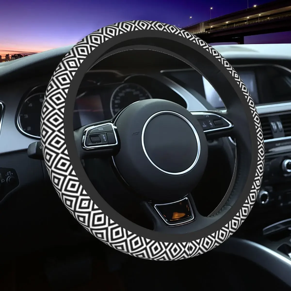 37-38 Car Steering Wheel Covers Black White Geometric Diamond Universal Abstract Auto Decoration Colorful Auto Accessories