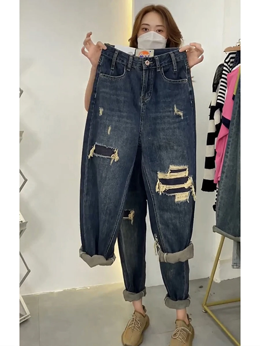 9961 Spring Summer 5xl 100kg Loose Casual Ripped Jean For Women Straight Retro Distressed Straight High Waist Female Denim Pants