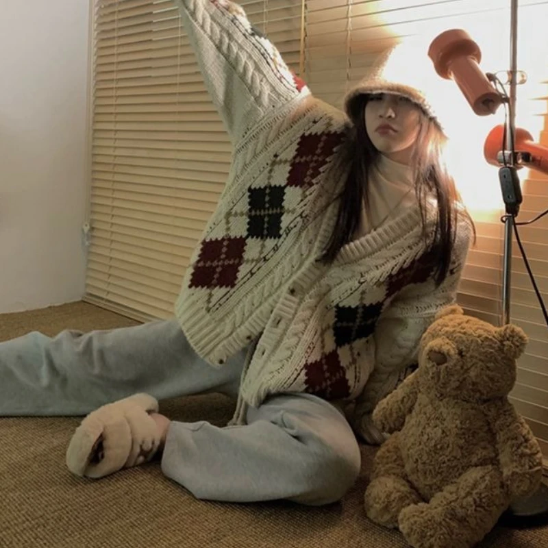

Deeptown Vintage Knitted Cardigan Women Preppy Style Casual Sweater Knitwear Korean Patchwork Long Sleeve Cardigans Aesthetics