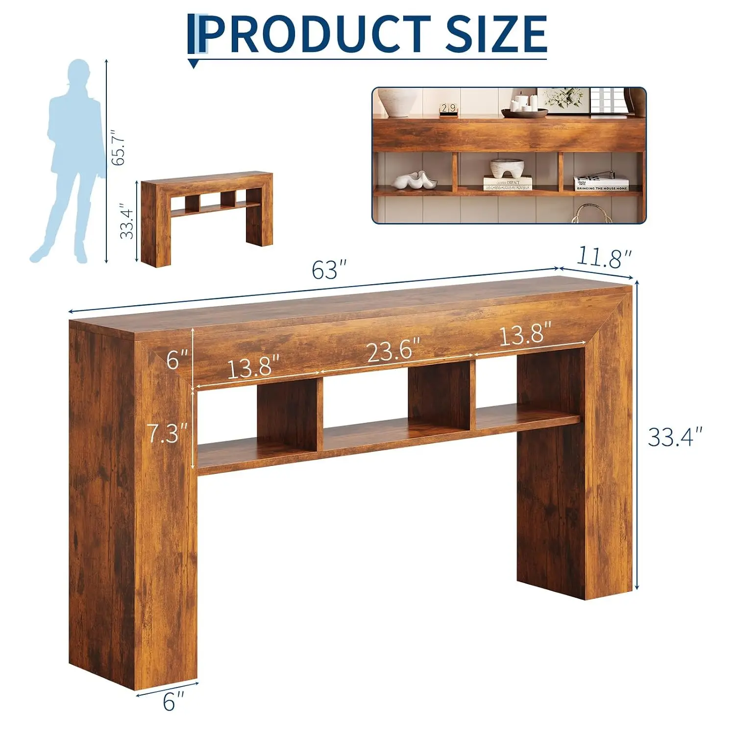 Narrow Console Table 3-Tier Open Shelves Farmhouse Wood 63-Inch Entryway Hallway Sofa Side, Customized
