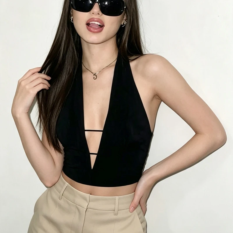 Night Club Slim Fit Halter Camisole Ladies Solid Black Plunge V Front Two Thin Straps Cutout Sleeveless Crop Top