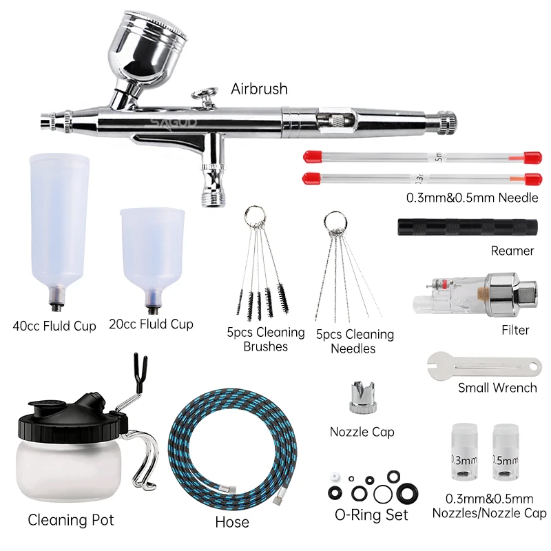 Dual Action Airbrush Kit 0.3/0.5mm Air Brush Gun with Cleaning Needle Spray Gun Accessories for DIY Model Nail Painting Makeup