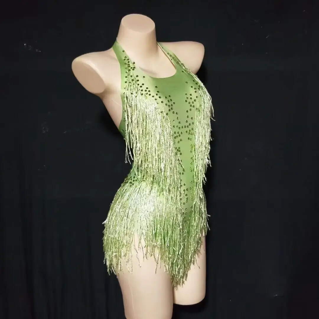 Sparkly Rhinestones Fringe Bodysuit WomenVightclub Party Dance Costume Stage Wear SexyTassel Leotard Performance Clothing