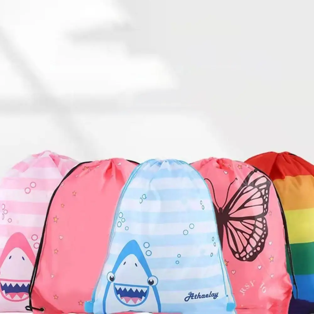 Rainbow Drawstring Gym Backpack Reflective Stripe 210D Polyester Nylon Sports Shoulder Bag Portable All-Match Drawstring Bag