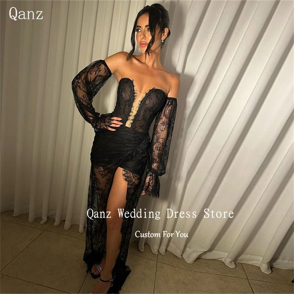 

Qanz Long Puff Sleeves Prom Dresses Women Black Lace Sweetheart Mermaid Dubai Evening Dress High Slit Floor Length Party Dresses