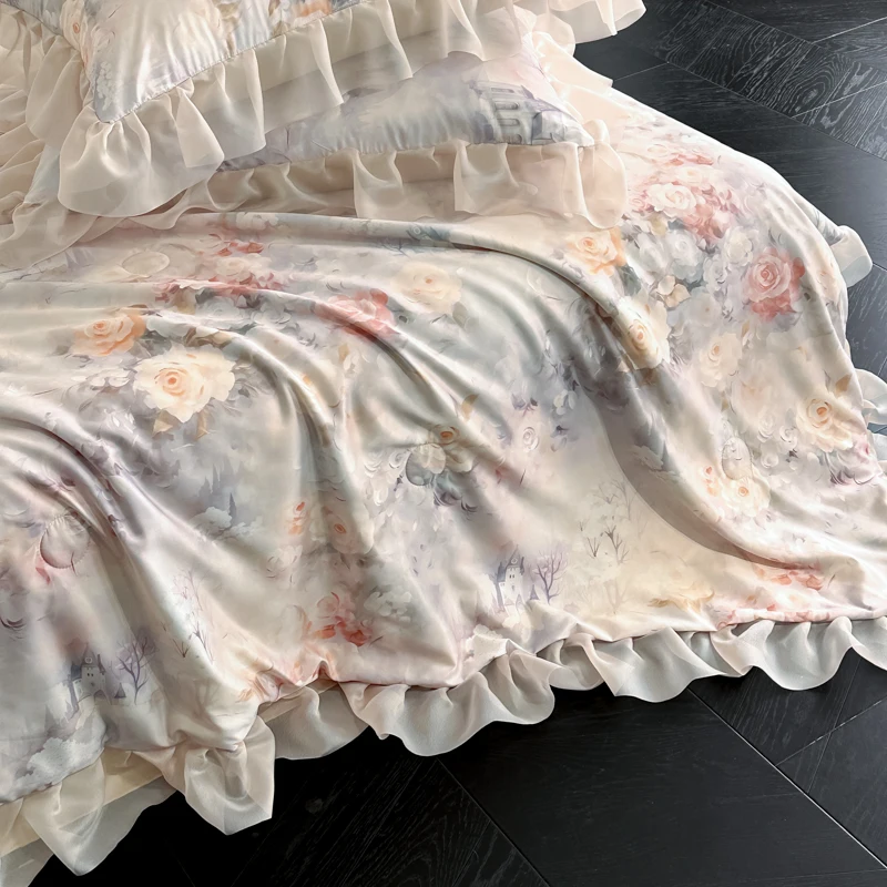 Aanpasbare Franse retro led coole Tencel zomer machinewasbare airconditioner dunne quilt dubbele ijszijde vierdelige set