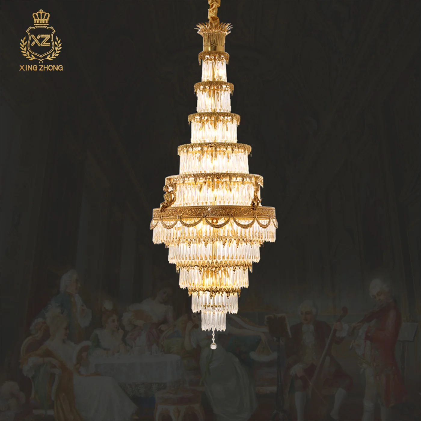 French Neo Classic Long Strip Crystal Villa Hotel Brass Chandelier Duplex Living Room Dining Room Large Pendant Lamp