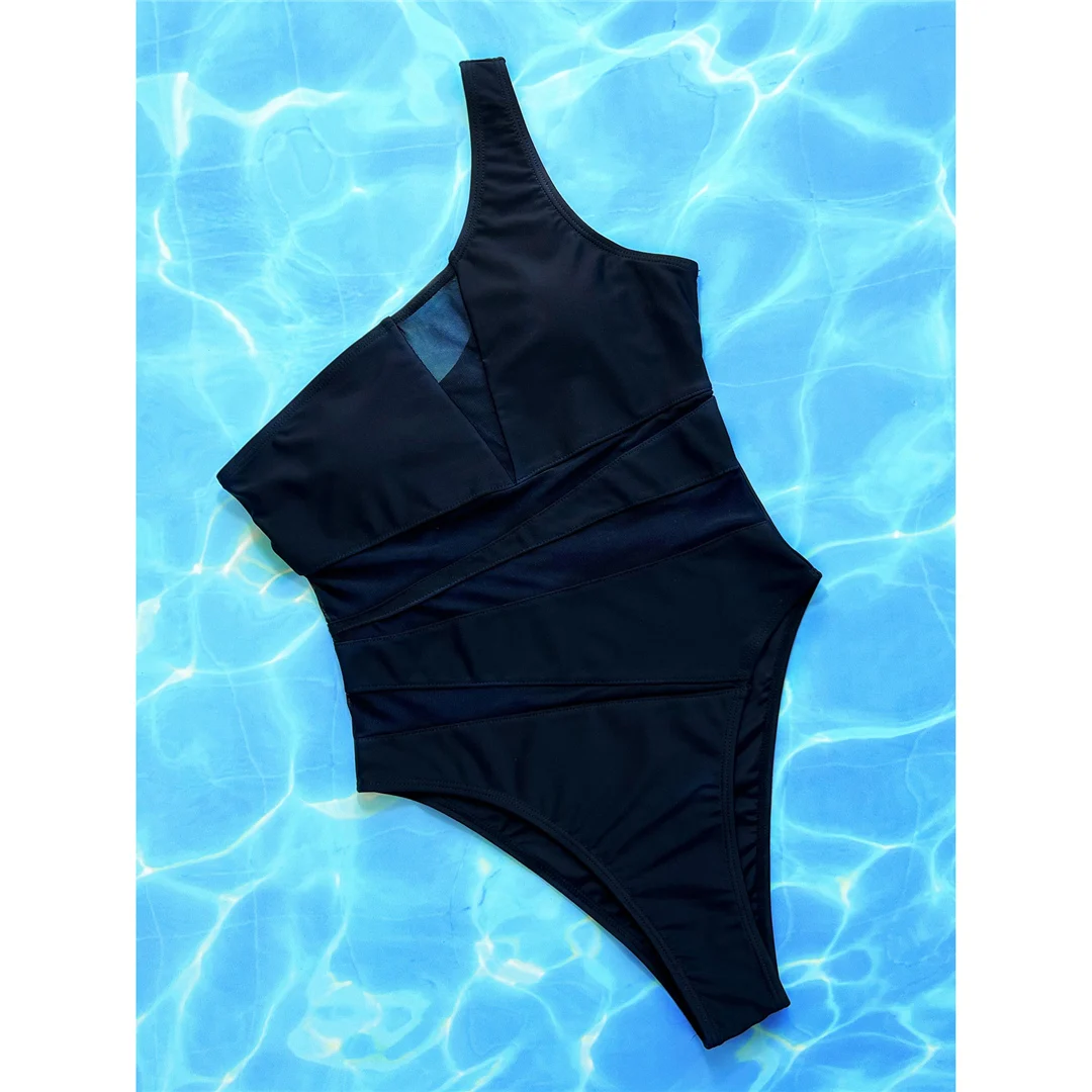 Einschultriger Badeanzug mit Mesh-Einsätzen, transparent, Damen, einteiliger Badeanzug, Monokini, hoher Beinausschnitt, Badebekleidung, Badeanzug, V4716 – Detail 9