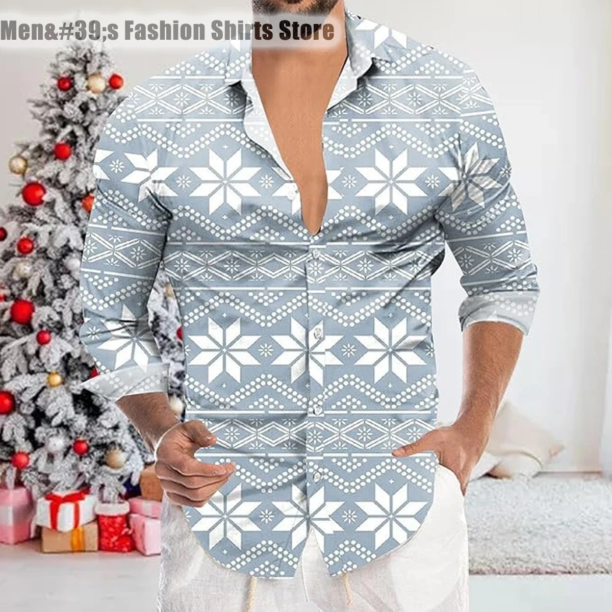 

Men's lapel long-sleeved shirt Christmas retro snowflake light pattern series casual loose oversized size XS-6XL fast delivery