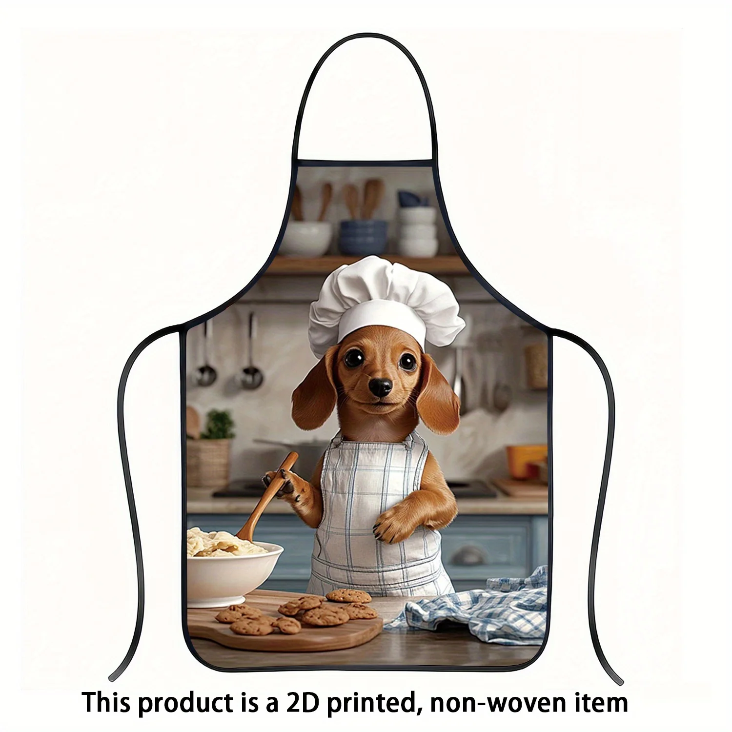 1pc Cute Dachshund Chef Apron - 2D Printed with Hat and Utensils, Polyester Baking Gardening Apron, Home Decor Holiday Gift