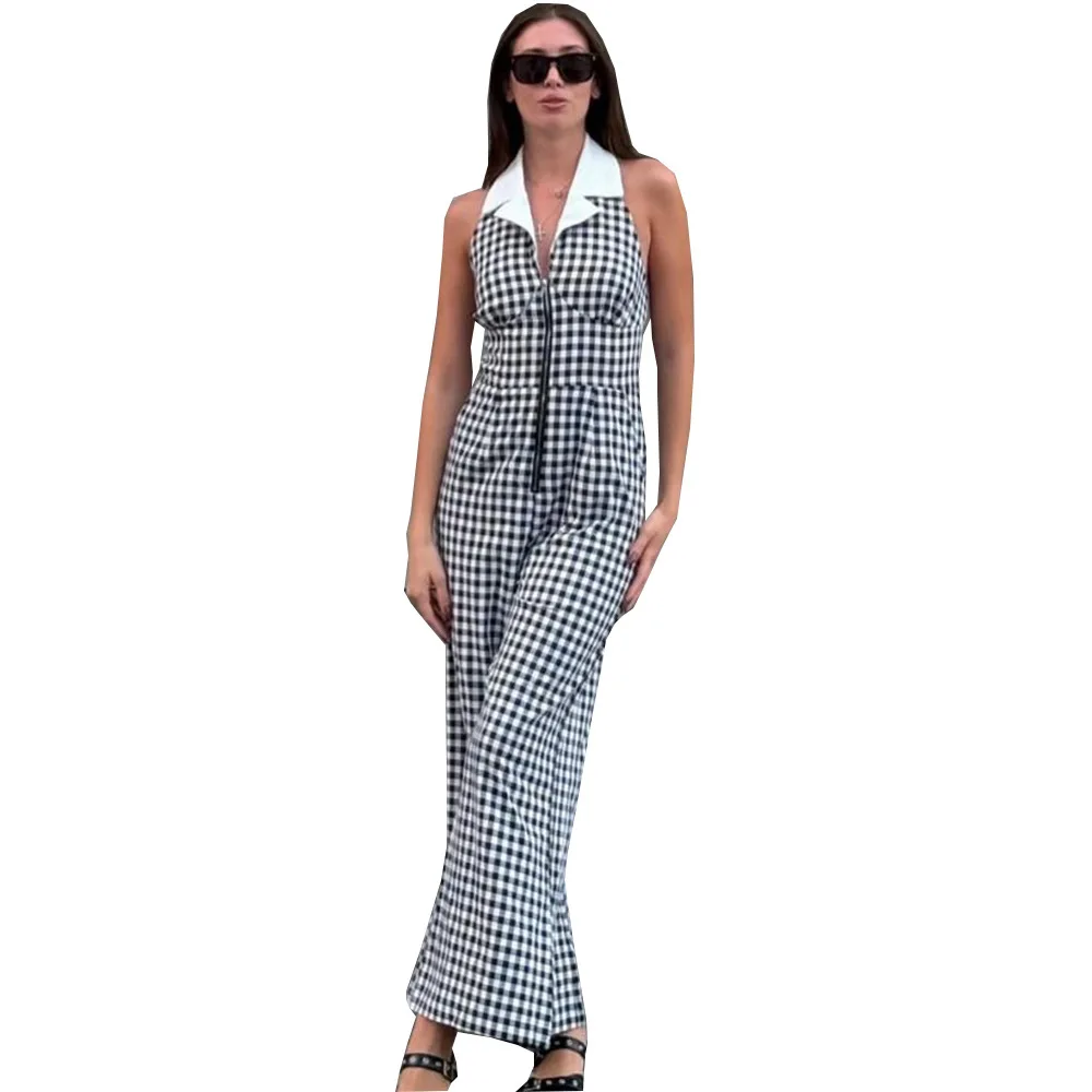 بذلة نسائية مثيرة بدون ظهر موضة 2025 لربيع وصيف مفرغة وخصر فضفاض وياقة قميص وسحاب منقوشة مطبوعة ثوب فضفاض للنساء