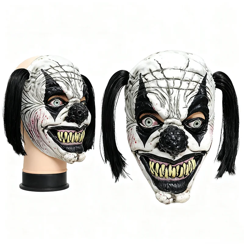 

New Scary Smile Clown Cosplay Mask Adult Horror Black Hair Nose Joker Masks Full Face Latex Helmet Halloween Party Costume Prop