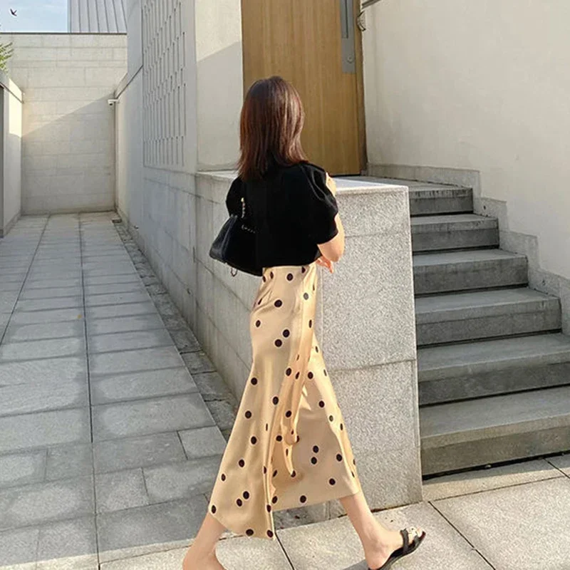 Lucyever Silk Satin High-Waisted Skirt For Women Summer Elegant Dot Printing Long Female Korean Office A-Line Skirts MN1