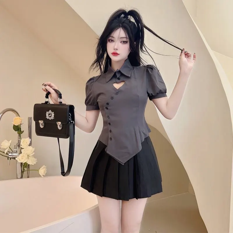 

Sweet Lolita Style Blouses White Hollow Out Ruffles Heart Tops Women Kawaii Puff Sleeve Korean Casual Shirts Y2k Clothes Mujer