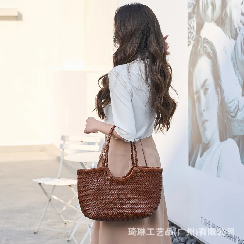 

French Woven Women's Shoulder Bag - Genuine Leather, Vintage Handmade, Ins Style Basket Bag