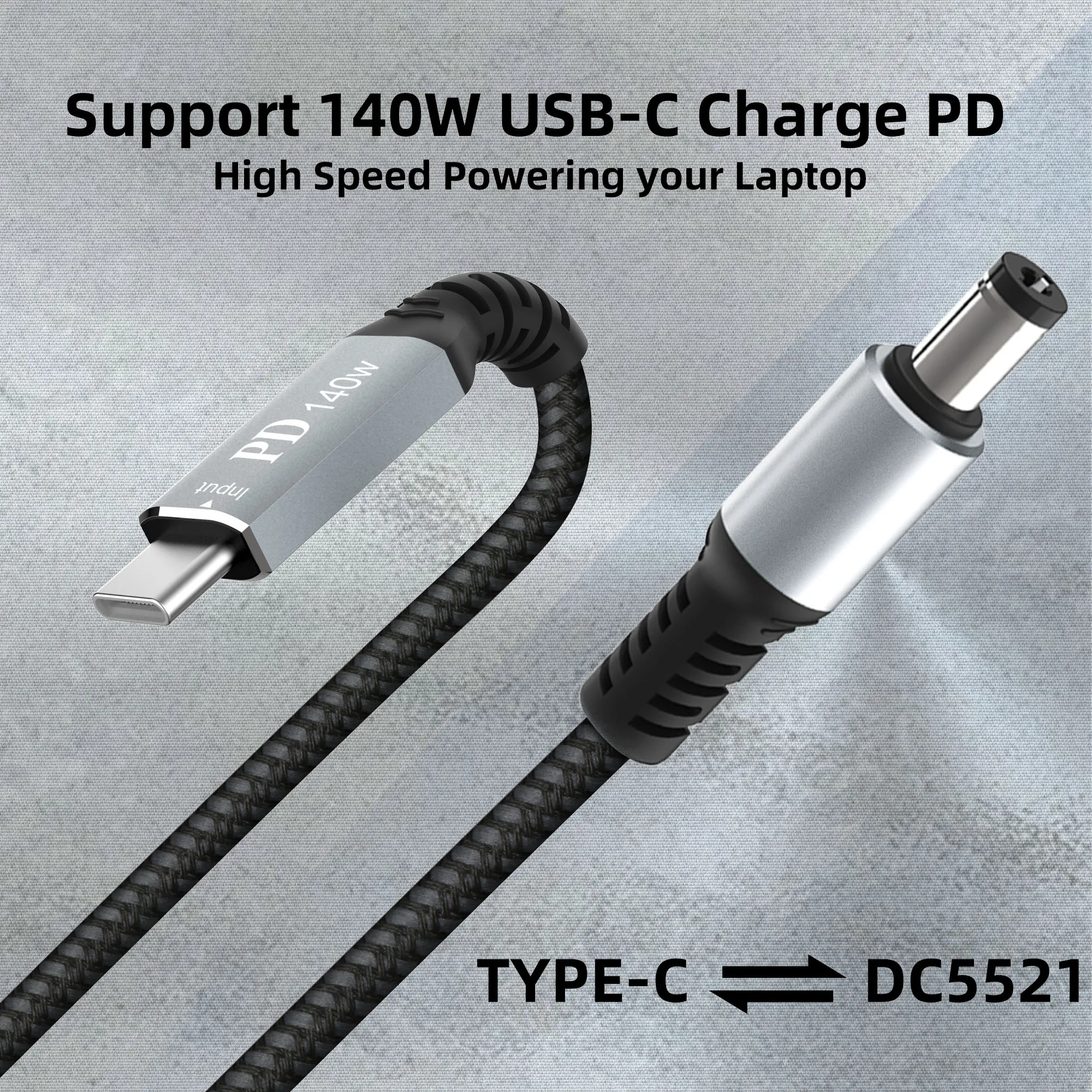 USB C to DC 5.5 mm x 2.1 mm power cord for laptops (5521), aluminum alloy USB Type C male input DC 5.5 x 2.1 mm male power cord