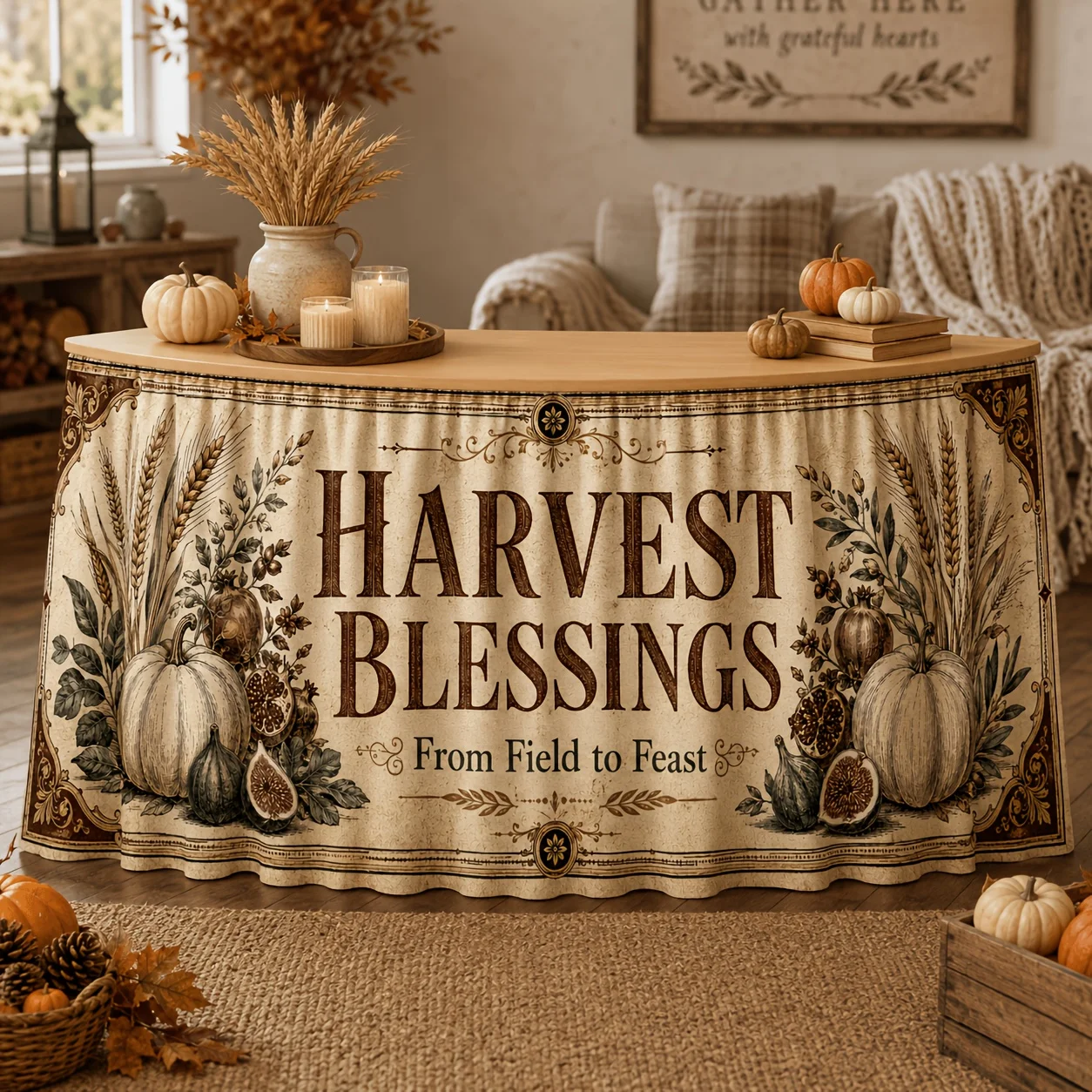 Party table skirt, 1 piece, vintage harvest blessings, white pumpkin, fig, pomegranate, wheat pattern table skirt