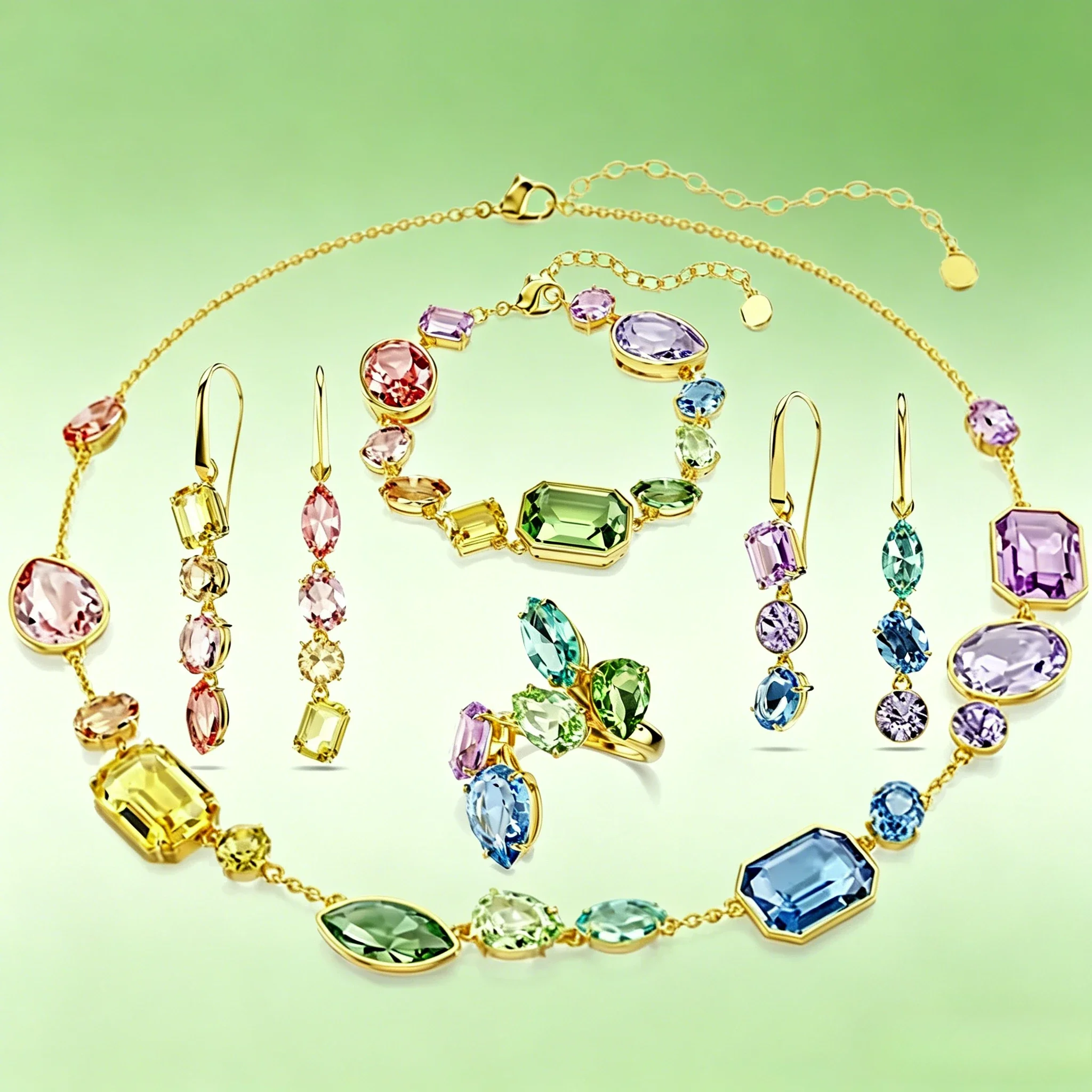 

2026 New High Quality Fine Party Jewelry Set Charming Blue Green Purple Water Drop Crystal Luxury Women's Necklace Ring Earrings