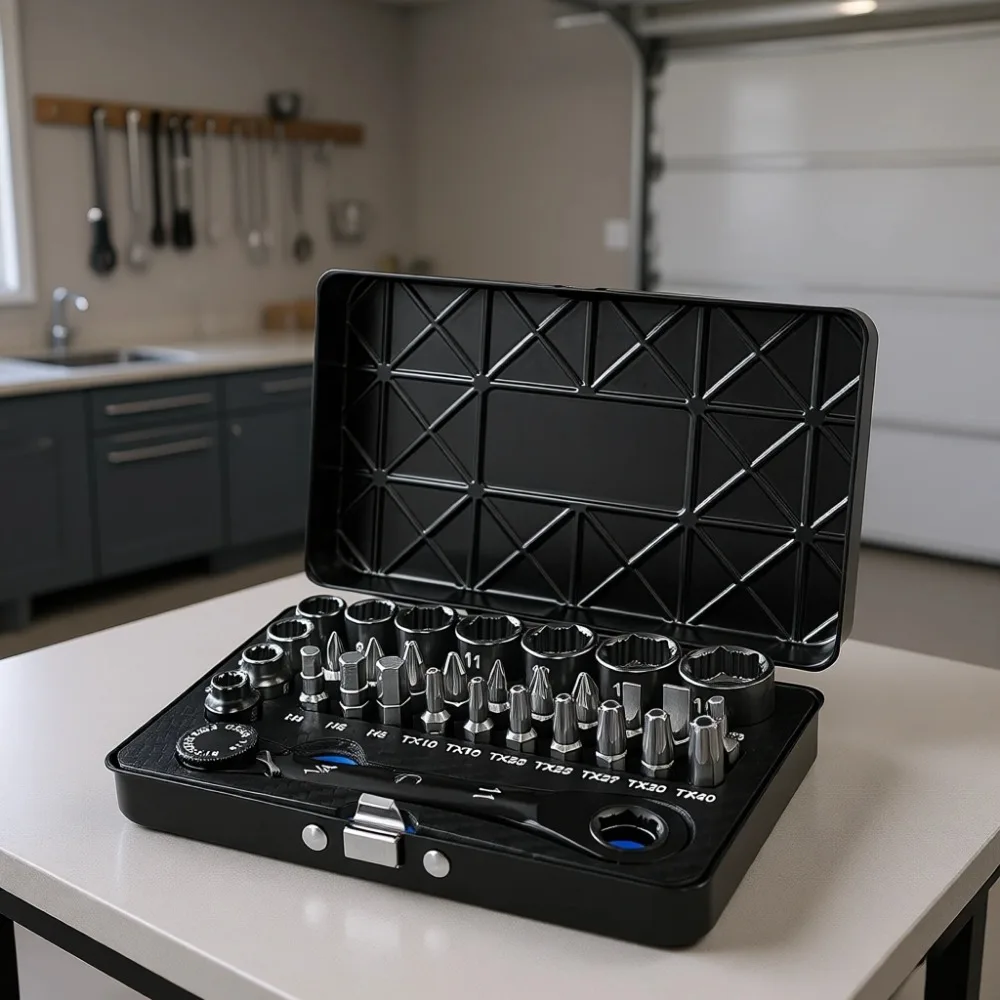 

Низкопрофильный набор торцевых ключей с трещоткой на 120 зубьев, 31 предмет, с нескользящей рукояткой, для круглых и стандартных болтов