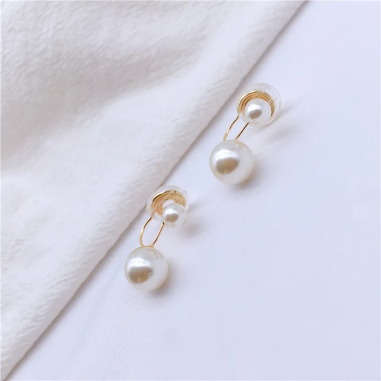 GRACE New Arrival Double Pearl Clip on Earrings No Pierced Fashion Gold Color Mosquito Coil Invisible Cuff Earrings Ear Clip