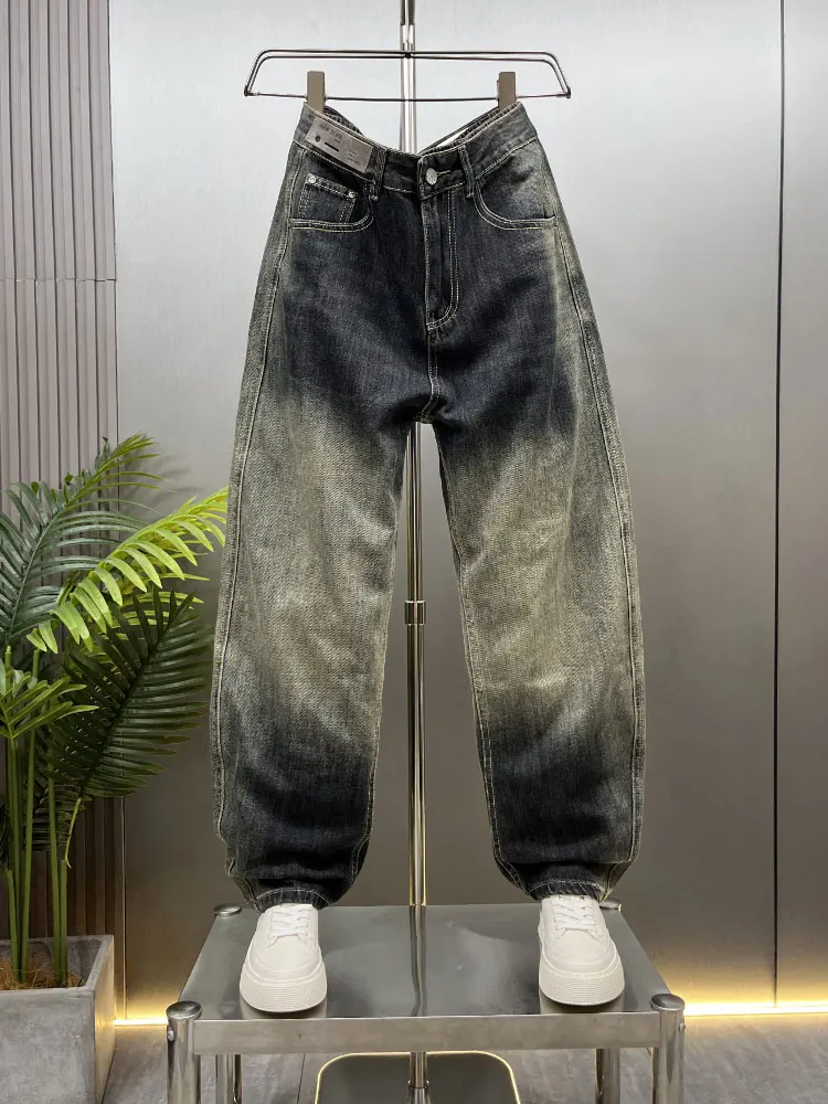 

Мужские джинсы с талией в стиле ретро, прямые широкие брюки, уличные американские повседневные длинные брюки, модные