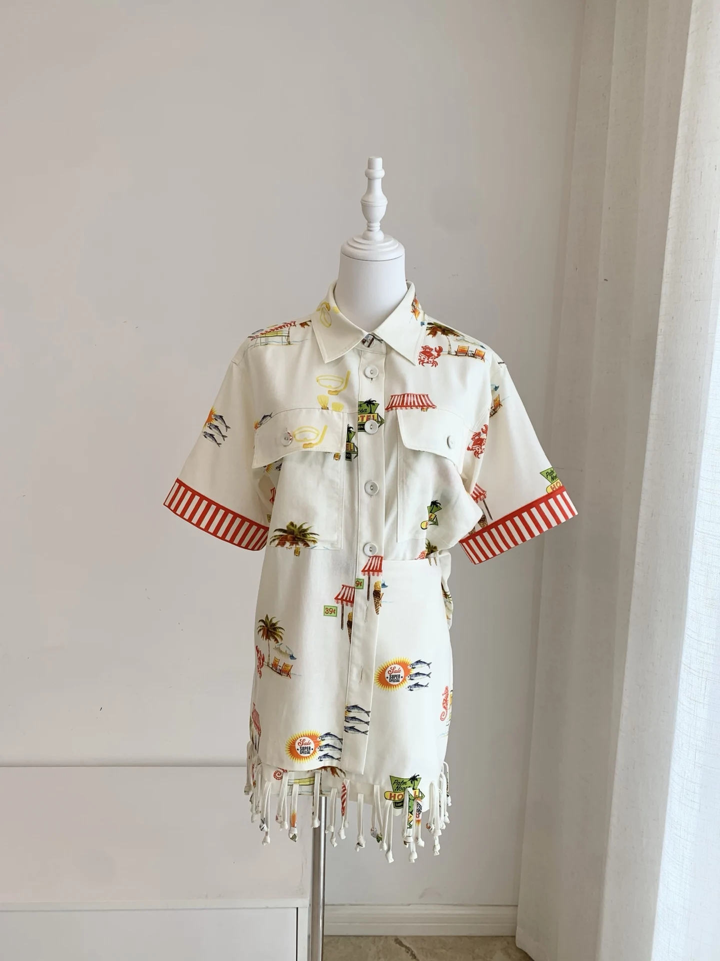 Women Patchwork Print Single Breasted Pockets Cotton Linen Fashion Blouse + High Waist Tassels Mini Skirt