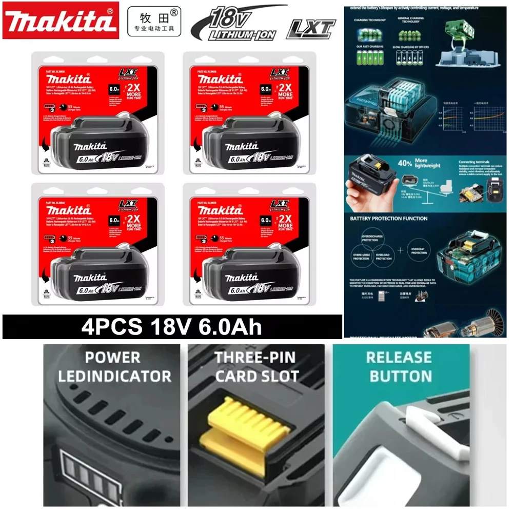 

Original Makita 18V 6.0AH Li-ion Battery Charger With LED Display Bl1830 Bl1430 Dc18Ra Electric Power DC18Rct 3A Charging