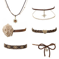 Y2K Vintage Brown Bowknot Flower Sun Stone Leather Pendant Necklace Stacking Choker Plush Leopard Clavicle Chain For Women Girl