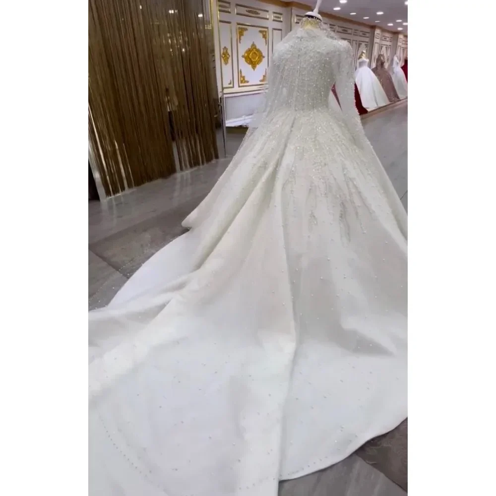 Personalizado gracioso handwork pérolas mangas compridas vestidos de casamento vestidos de novia vestido de baile alta pescoço vestido de noiva muçulmano