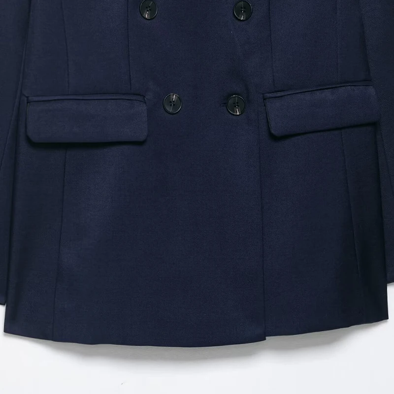 Willshela Women Fashion With Pockets Navy Blue Double Breasted Blazer Vintage Long Sleeves V-Neck Female Office Lady Outfits