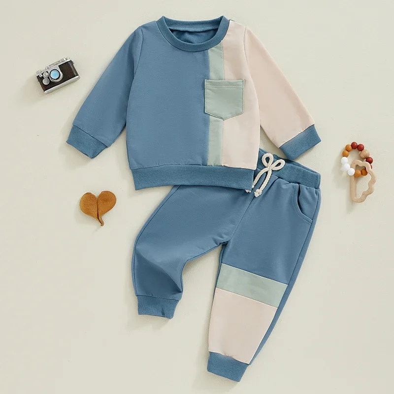 Conjunto de pantalones para niños Color de contraste Manga larga Cuello redondo Sudadera Bolsillo con cordón Pantalones largos Trajes