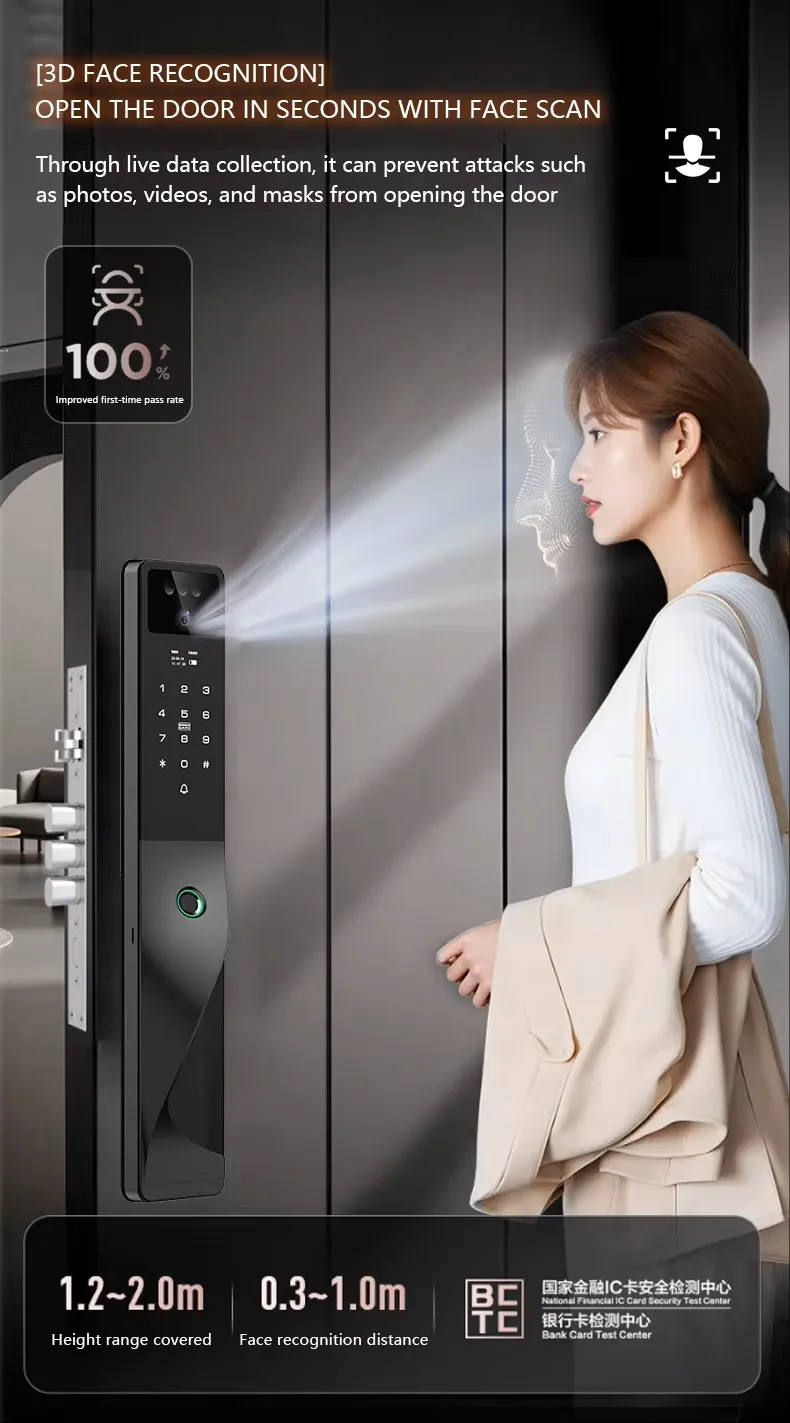Newly Designed Automatic Smart Door Lock 3D Face Tuya Wifi C-class Lock Core Smart Lock with HD Screen and Camera