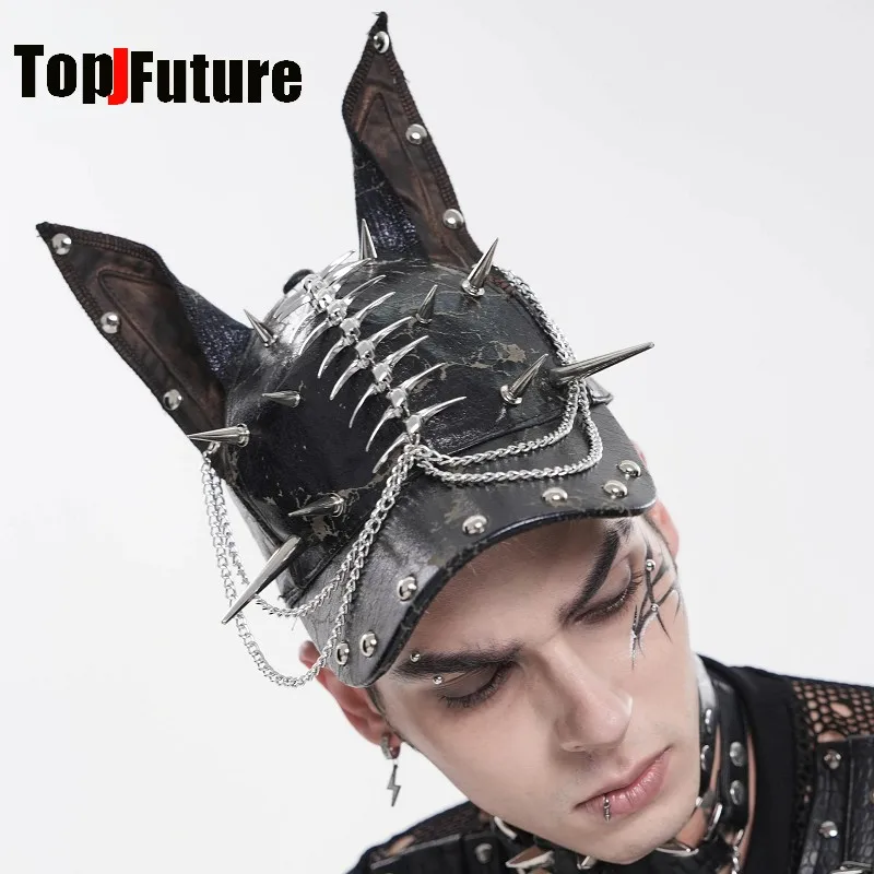 Gothic Punk Dark Rock Style Subculture Doberman Spikes Rivet Metal Chain Hat Y2K Vintage Alternative Devil Fashion Streetwear