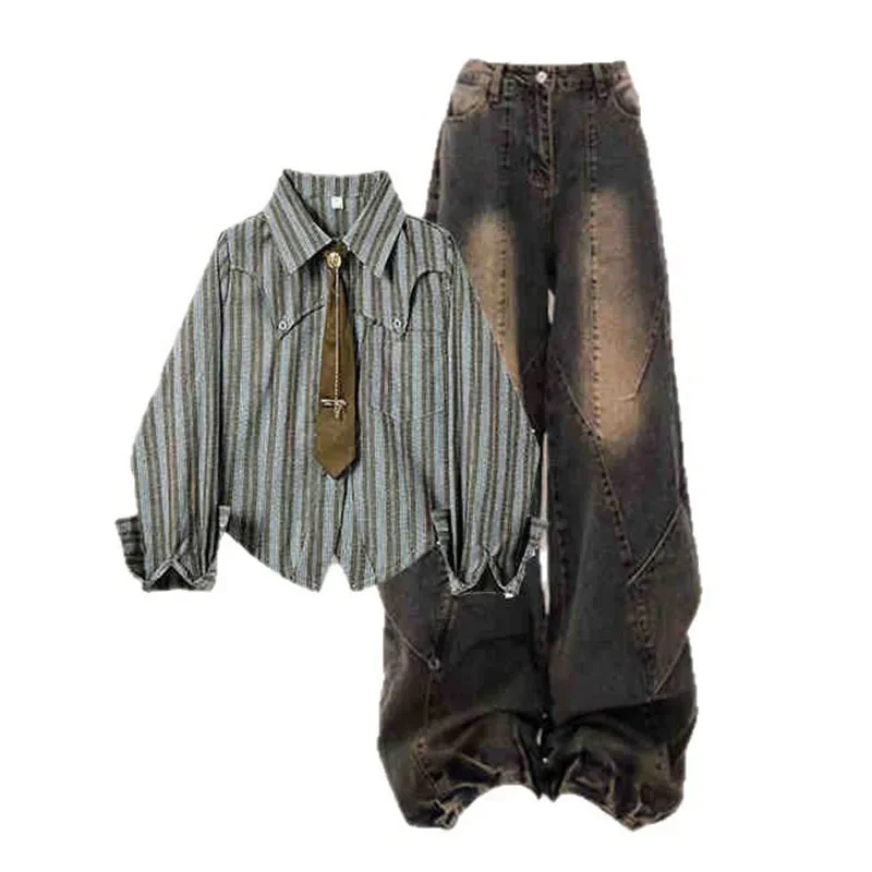 

Ранняя осень, новая американская повседневная полосатая рубашка, женский универсальный дизайн, свободные ретро-винтажные потертые джинсы, комплект из двух предметов