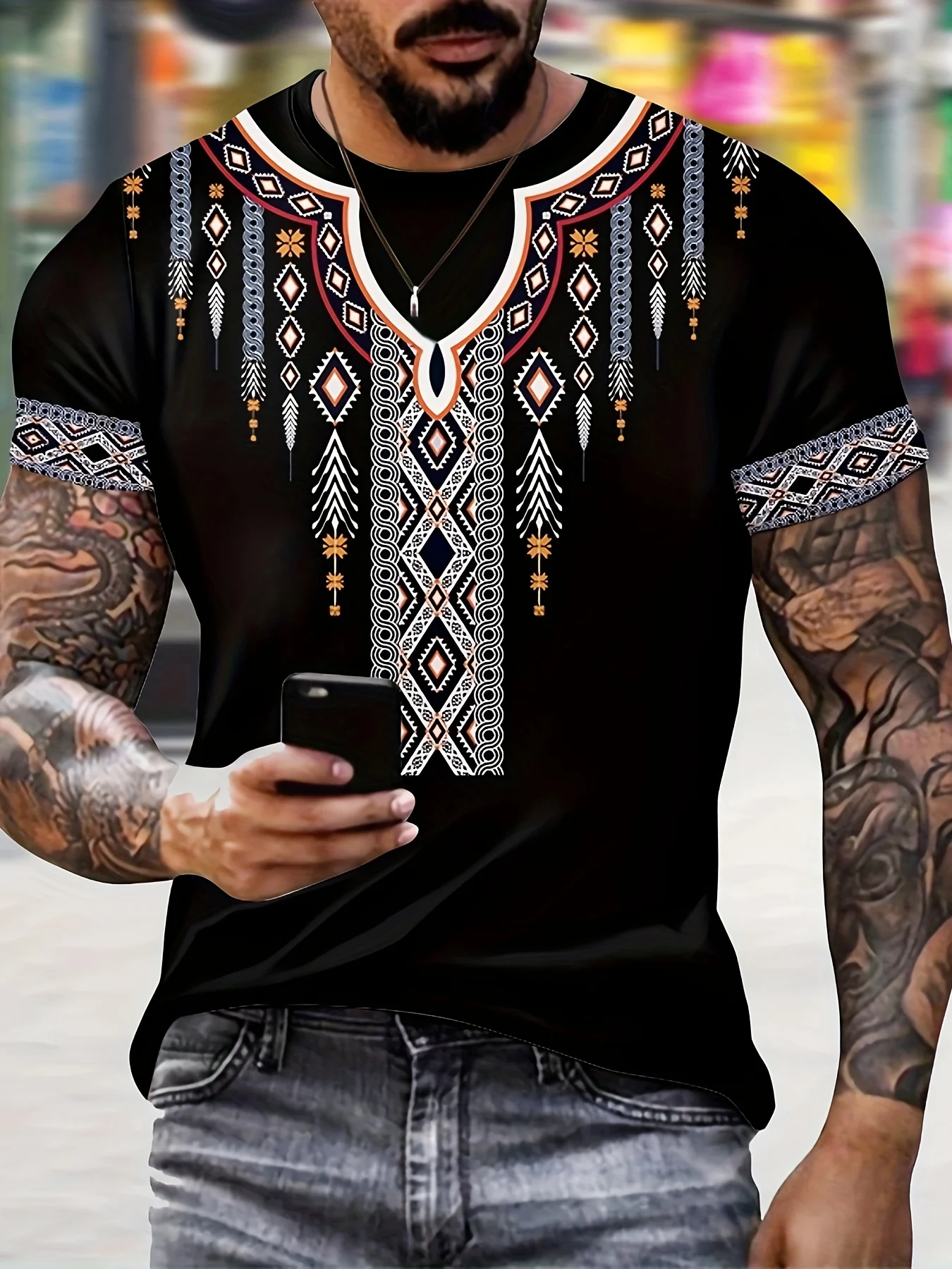 Ethnic Style Pattern Men\'s Creative Digital Print Short Sleeve Crew Neck T-shirt Summer Outdoor Holiday Mens Tshirt Male Top Tee