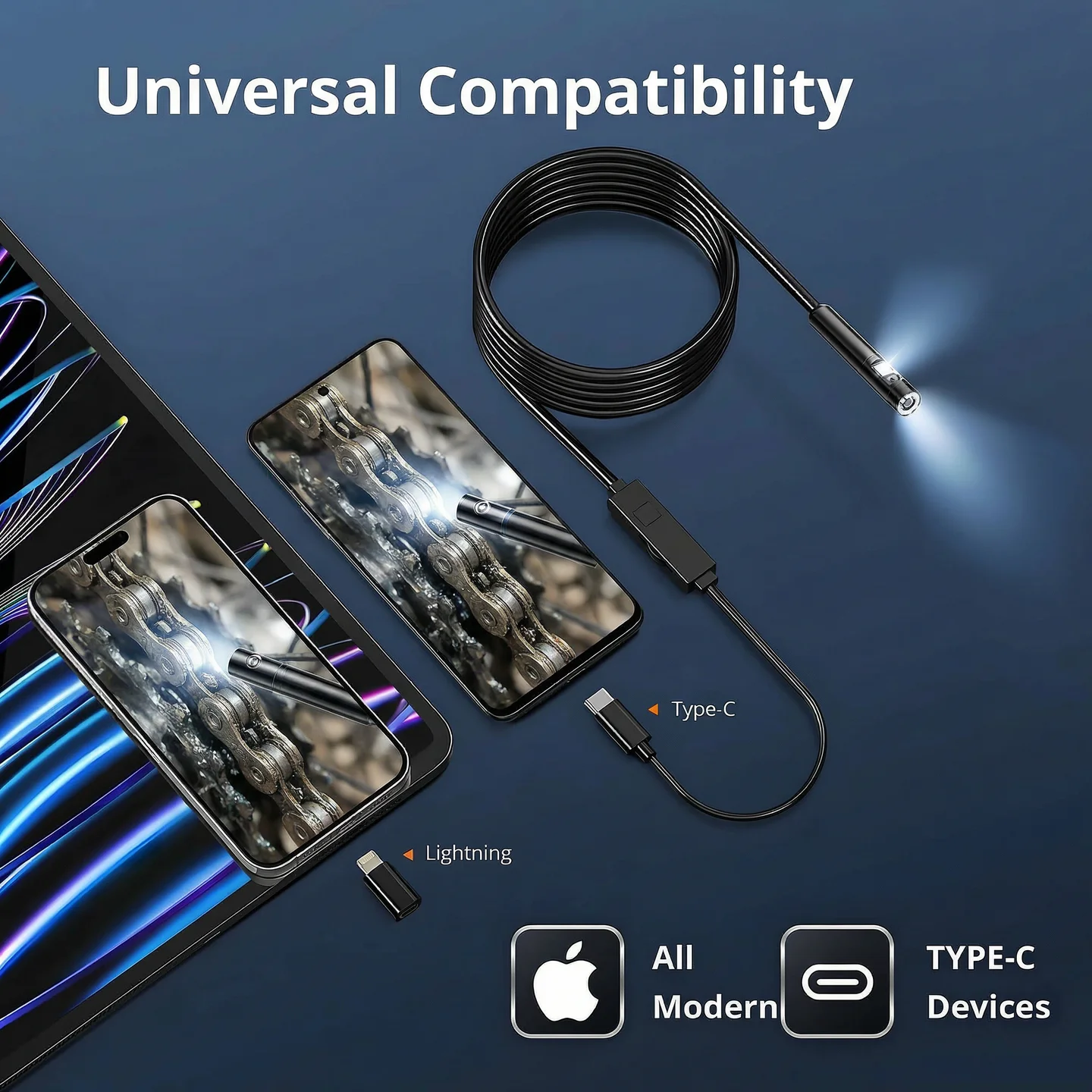 [8mm Single-Lens] Endoscope Camera with Adjustable Light,1920P , Semi-Rigid Cable Snake Borescope for iPhone, iPad, Samsung
