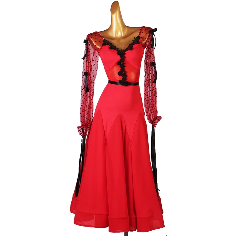Wals Jurken Ballroom Dans Kostuum Dames Zwart Mesh Lantaarn Mouw Jurken Standaard Moderne Dansvoorstelling Outfit Rood 3592