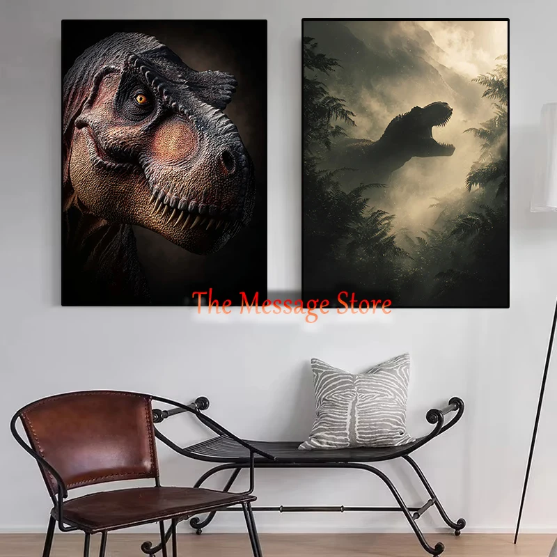 Dinotime Roaring T-Rex in Misty Jungle Raptor Dinosaur Triceratops Tyrannosaurus Rex Poster Canvas Painting Wall Pictures Decor