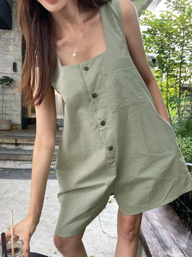 Women's Summer Short Shirt Elegant Jumpsuits & Rompers Square Collar Lacing Up Sleeveless Flare Pants Playsuits Female
