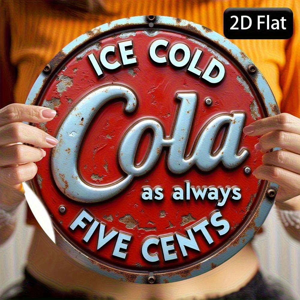 2D Flat, 1pc of Vintage Cola Sign Wall Art, 8.0inch Round Metal with a Rustic End, Featuring a Retro Design That Says 'ICE COL