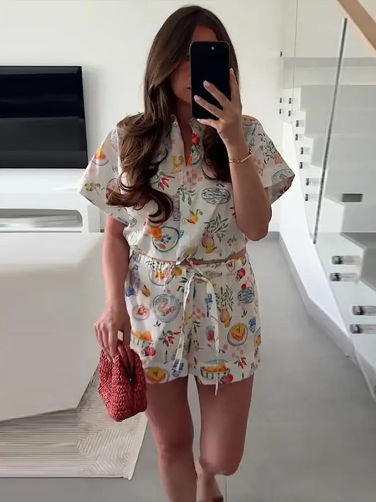 

Print Shorts Suit Women's Two Piece Set Lapel Short Sleeve Single Breasted Top Lace Up Mini Pants Summer Lady Loose Outfits