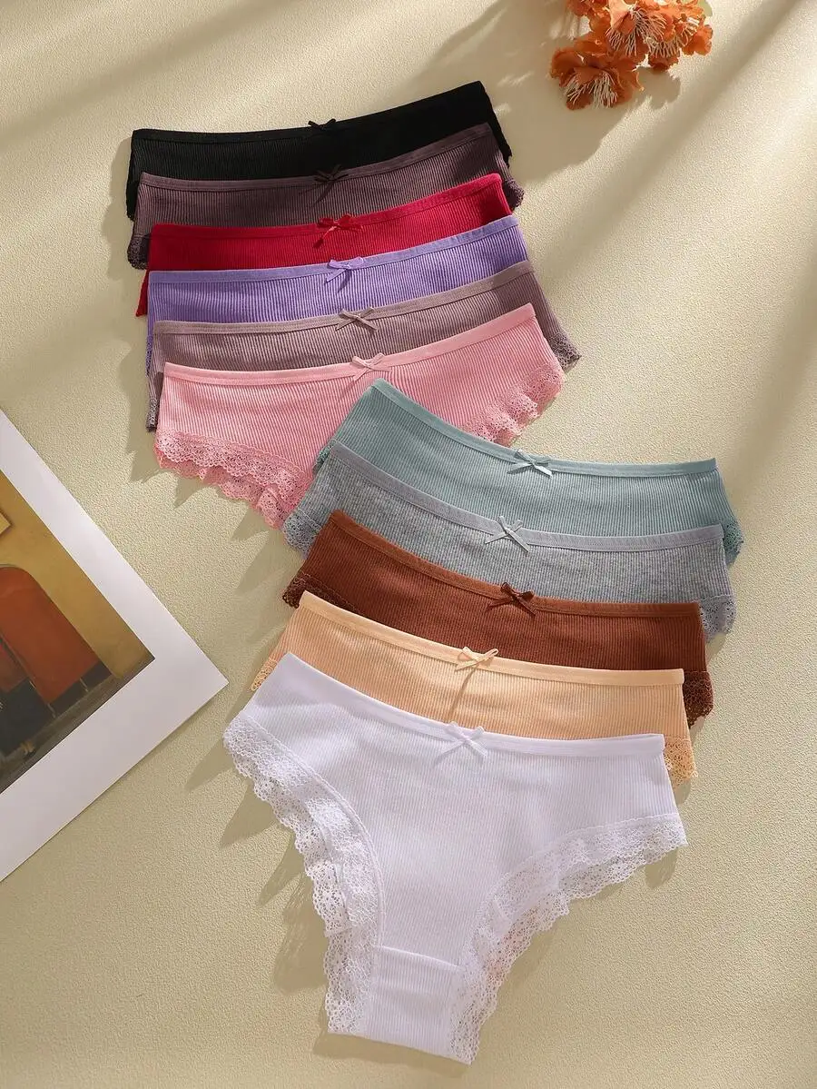 

7PCS Womens Cotton Ribbed Lace Trim Low-Rise Briefs Multi-Color Everyday Underwear