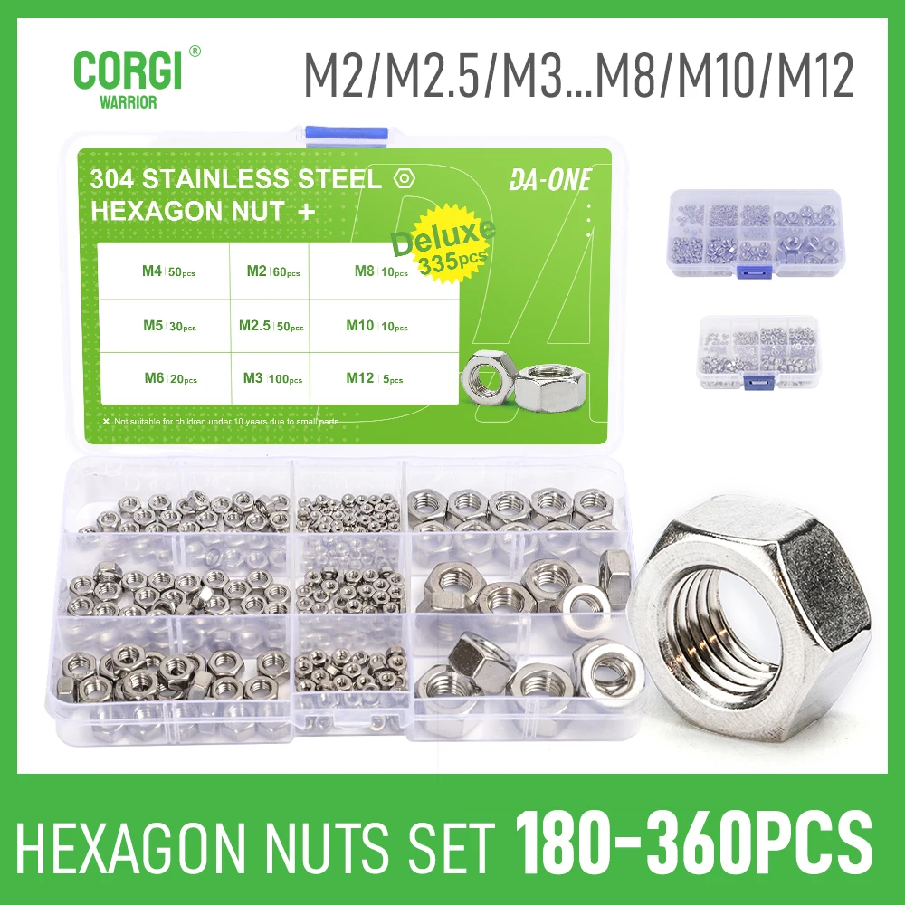 

180/210/220/335/360 Pcs M1.6 M2 M2.5 M3 M4 M5 M6 M8 M10 M12 304 Stainless Steel DIN934 Hex Hexagon Nut Set Assortment Kit