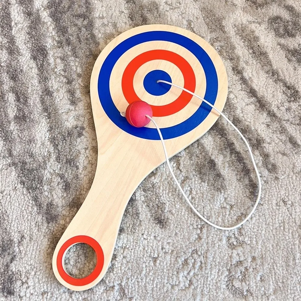 Wood Tether Ball Paddle Elastic Cord Target Pattern Catch Ball Scoring Holes Tethered Ball Elastic Skill Ball